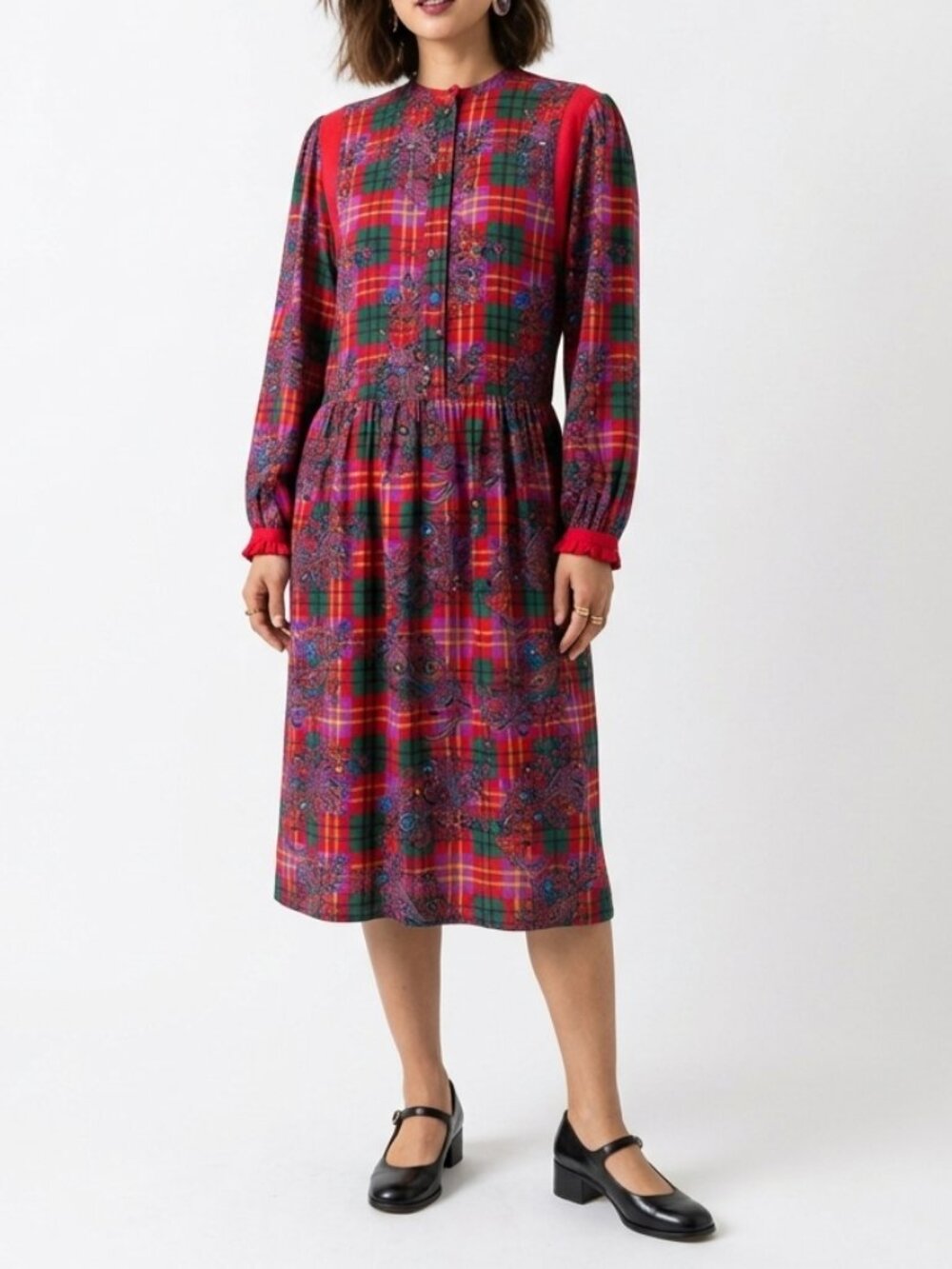 VTG 80s Anne Grimms for UMI Collections Plaid Midi Dress 100% Silk Tartan Sz 12